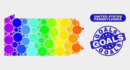 Rainbow colored dotted Pennsylvania State map and stamps. Blue rounded Goals textured seal stamp. Gradient rainbow colored Pennsylvania State map mosaic of scattered circle elements.