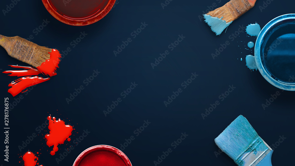 Aufkleber Painting brushes and color boxes on desk. Craft composition with copy space in the middle.