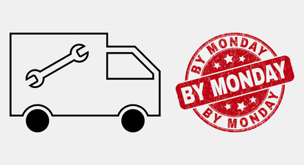 Vector outline service van pictogram and By Monday watermark. Blue rounded scratched watermark with By Monday caption. Black isolated service van pictogram in outline style.
