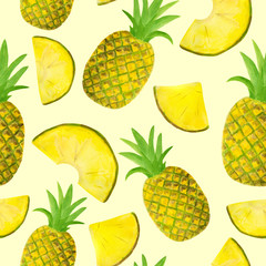 Seamless watercolor pattern with pineapple isolated on pastel yellow background. Hand drawn fruits and slices for food packaging design, wrapping, textile, decor, menu, scrapbooking.
