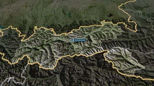 Tirol - state of Austria with its capital zoomed on the satellite map of the globe. Animation 3D