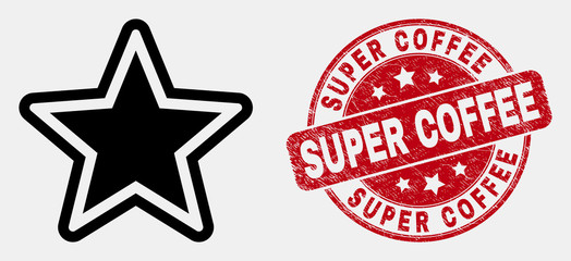 Vector linear star icon and Super Coffee seal. Blue rounded grunge seal stamp with Super Coffee title. Black isolated star symbol in linear style.