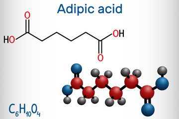 Adipic acid or hexanedioic, dicarboxylic acid molecule. It is food additive E355, also is used as precursor for the production of nylon. Structural chemical formula and molecule model