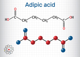 Adipic acid or hexanedioic, dicarboxylic acid molecule. It is food additive E355, also is used as precursor for the production of nylon. Structural chemical formula and molecule model