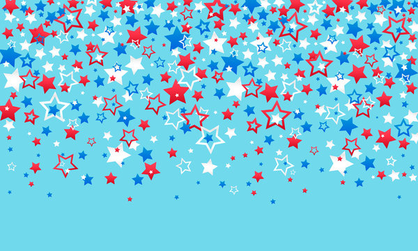 July 4, USA Independence Day. Red, blue and white stars decorations confetti on a blue background. Texture of falling colored stars.