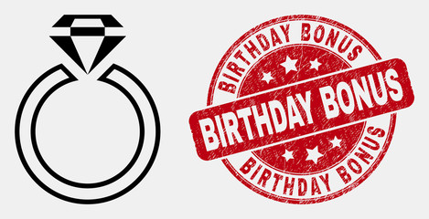 Vector stroke jewelry ring icon and Birthday Bonus seal stamp. Blue rounded grunge seal with Birthday Bonus caption. Black isolated jewelry ring pictogram in linear style.