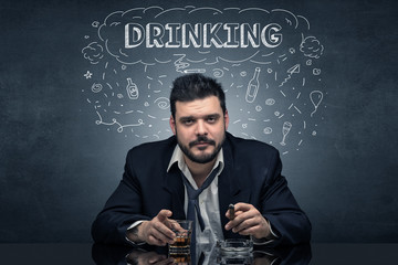 Loser drunk man with drinking, drug, hangover, alcoholic drugs concept