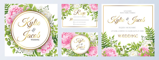 Gold wedding Invitation, thank you, rsvp card. Floral design with green leaves and pink roses. Vector elegants cute rustic greeting, invite.