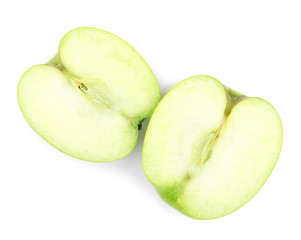 Halves of fresh green apple on white background, top view