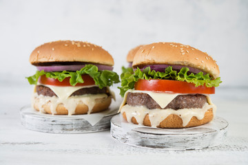 Delicious homemade burgers with beef Patty and vegetables