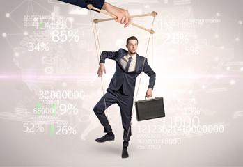 Subordinated puppet man with results numbers and financial concept
