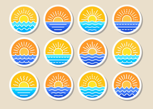 Sunrise over sea. Sunset over ocean. Summer round labels, emblems with sun & waves. Set of flat symbols, signs for travel. Colorful vector illustration