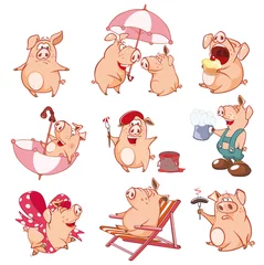 Foto op Plexiglas Set of Vector Cartoon Illustration. Cute Pigs in Different Poses for you Design. Cartoon Character © liusa