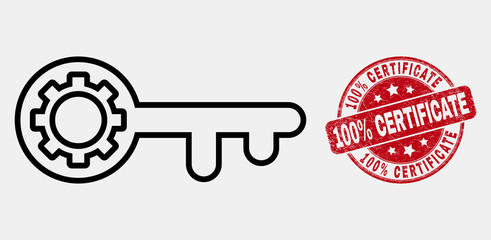Vector contour key gear pictogram and 100% Certificate stamp. Blue rounded textured stamp with 100% Certificate text. Black isolated key gear pictogram in linear style.