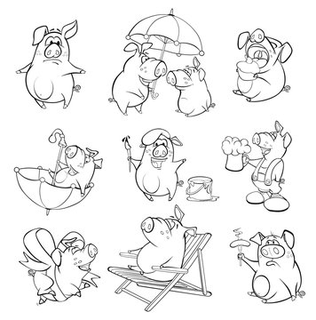 Set of Vector Cartoon Illustration. Cute Pigs in Different Poses for you Design. Cartoon Character