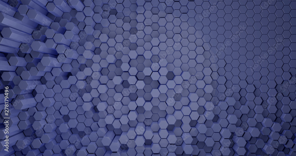 Poster 3d rendering. abstract background of hexagonal rods of different heights, light blue color. graphic 
