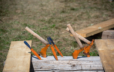 Throwing knifes stabbed in the wood.