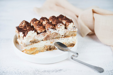 Homemade tiramisu cake on a light background