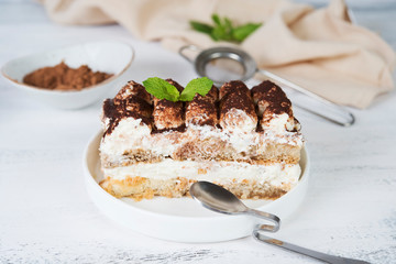 Homemade tiramisu cake on a light background
