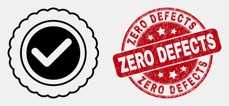 Vector stroke approve seal icon and Zero Defects seal stamp. Blue round textured stamp with Zero Defects phrase. Black isolated approve seal icon in line style.