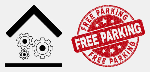 Vector linear engine service garage pictogram and Free Parking watermark. Blue round scratched watermark with Free Parking caption. Black isolated engine service garage pictogram in line style.