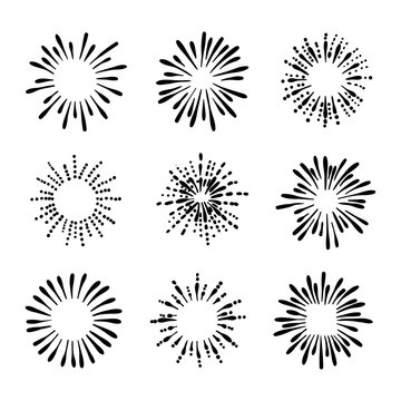 Vector Collection of Hand Drawn Retro Firework Drawings, Black and White Illustration, Ink Splashes.