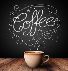 Steaming cup of coffee with white doodle line art and coffee inscription