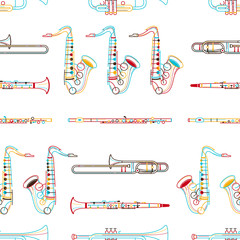 Brass instruments hand drawn outline seamless pattern