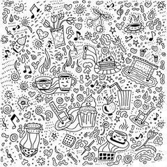 Vector doodle coffee concept illustration on white background.