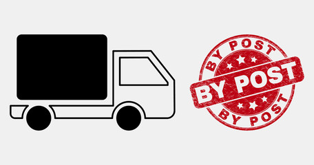 Vector linear lorry pictogram and By Post stamp. Blue rounded textured seal stamp with By Post text. Black isolated lorry pictogram in linear style.