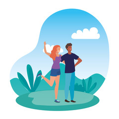 young lovers couple celebrating in the camp