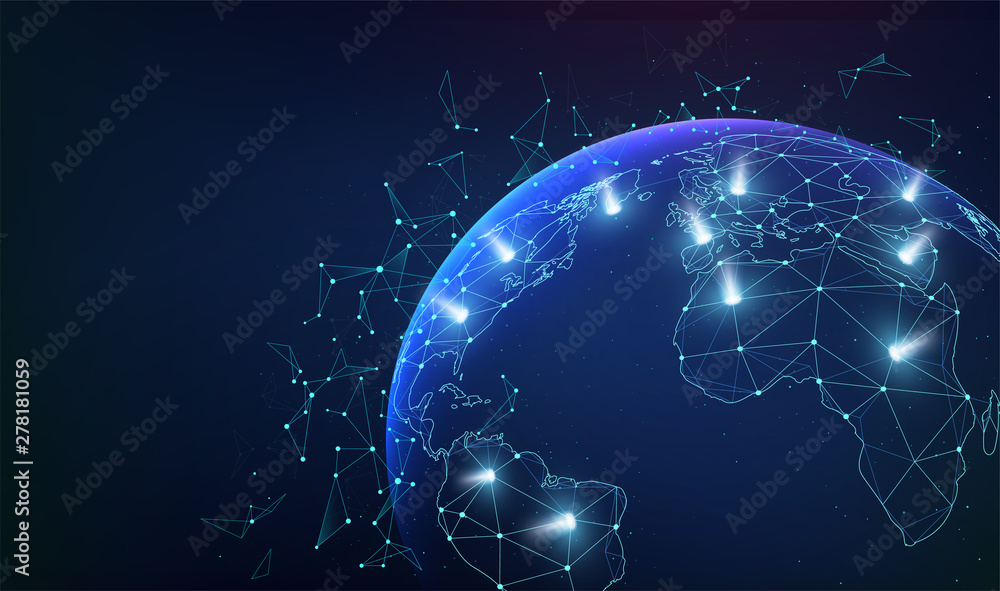 Poster global network business connections with dots and light flashes. world map network communications.