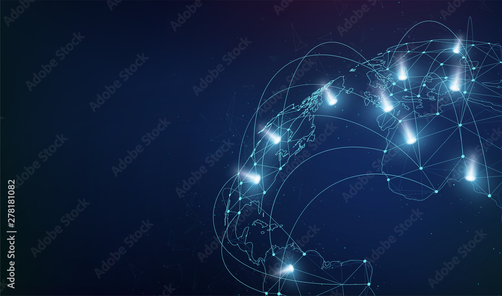 Poster global network business connections with dots and light flashes. world map network communications.