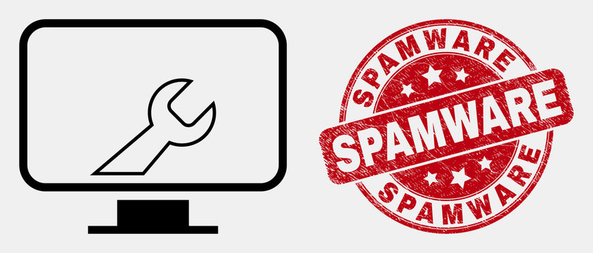 Vector stroke computer settings wrench pictogram and Spamware stamp. Blue rounded distress seal stamp with Spamware caption. Black isolated computer settings wrench pictogram in outline style.