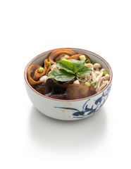 Chinese noodle with mushroom vegetables on isolated white background
