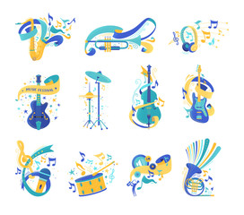 Musical instruments and notes flat illustrations set