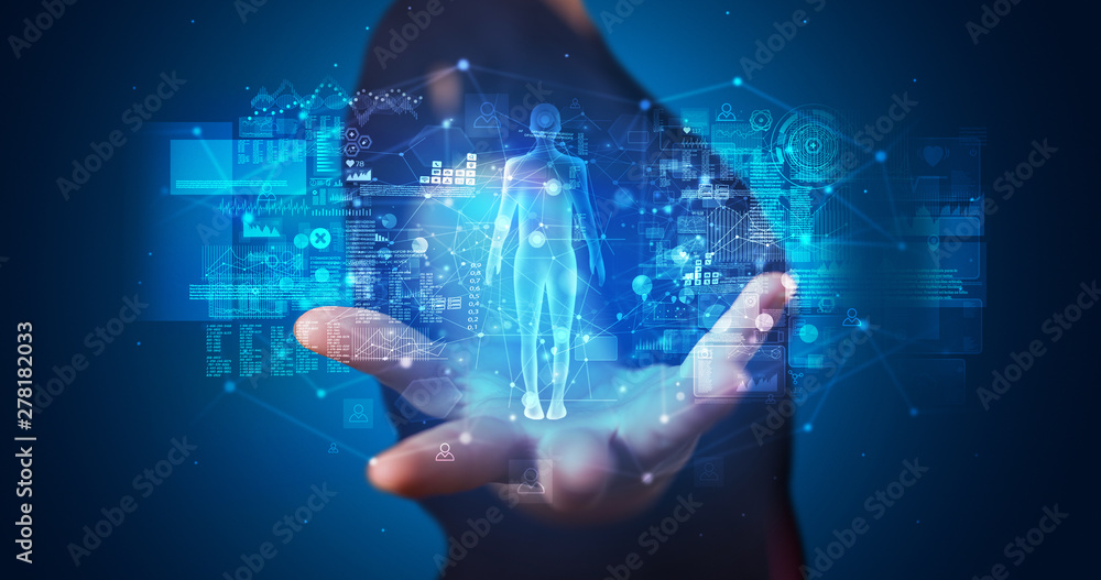 Poster young person holding hologram projection displaying health related graphs and symbols