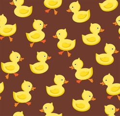 Ducklings, seamless pattern, color, brown, vector. Yellow cheerful ducklings. Color, flat picture. Vector, flat seamless background.