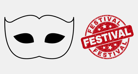Vector stroke private mask pictogram and Festival seal stamp. Blue rounded scratched stamp with Festival phrase. Black isolated private mask pictogram in contour style.