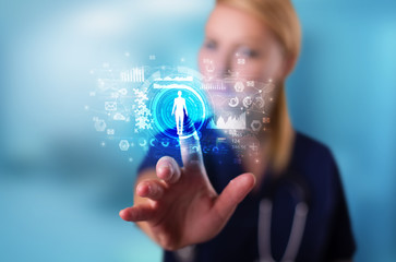 Doctor touching hologram screen displaying medical symbols and charts