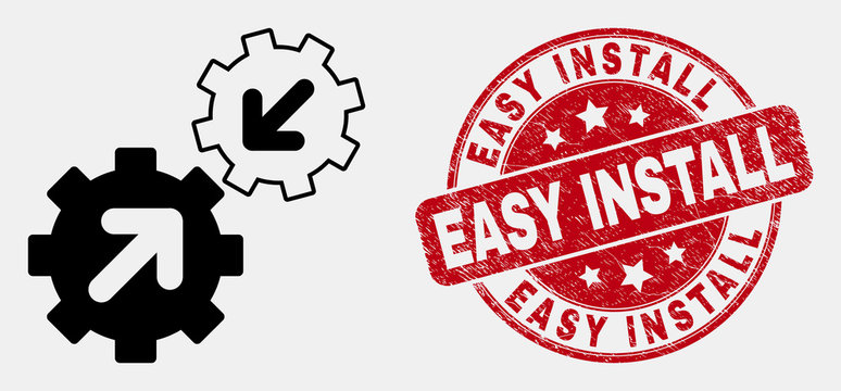 Vector stroke integration gears pictogram and Easy Install stamp. Blue round distress stamp with Easy Install text. Black isolated integration gears pictogram in contour style.