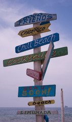  Wooden pointer to the beach, good friends, bar, see you soon, chill beach, cocktails, cappuccino, limunada, chico rico, . Summer.