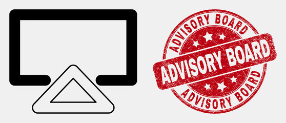 Vector outline display pictogram and Advisory Board seal. Blue round distress seal with Advisory Board title. Black isolated display pictogram in line style.