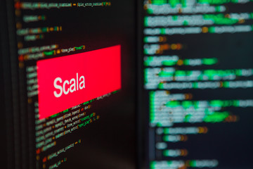 Programming language, Scala inscription on the background of computer code. - obrazy, fototapety, plakaty