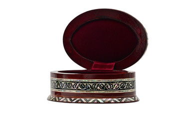Wooden box with ornaments for jewelry and bijoux on a white background
