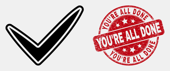 Vector line yes tick icon and You'Re All Done seal. Blue rounded textured seal with You'Re All Done text. Black isolated yes tick symbol in line style.
