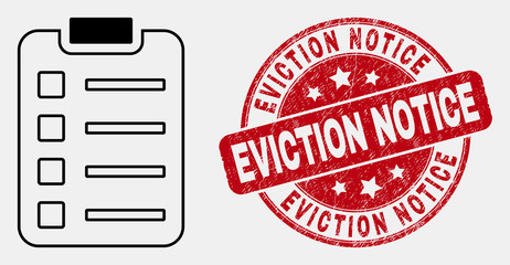 Vector contour items pad icon and Eviction Notice seal. Blue round distress seal with Eviction Notice title. Black isolated items pad icon in line style. © Evgeny