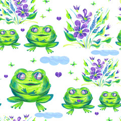 Cute frogs and a large frog, purple flowers on a white background.Seamless pattern based on acrylic painting. Design for  and other products for .
