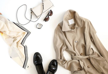 Women fashion clothes and accessories top view background. Flat lay female autumn style look with ...