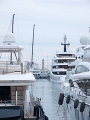 Port Vell in Barcelona, old harbor of Barcelona with sports boats and yachts